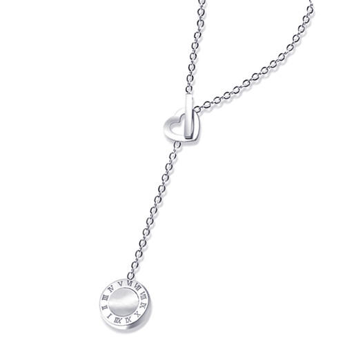 Silver roman numerals carved round pendant adjustable heart interlocking necklace 